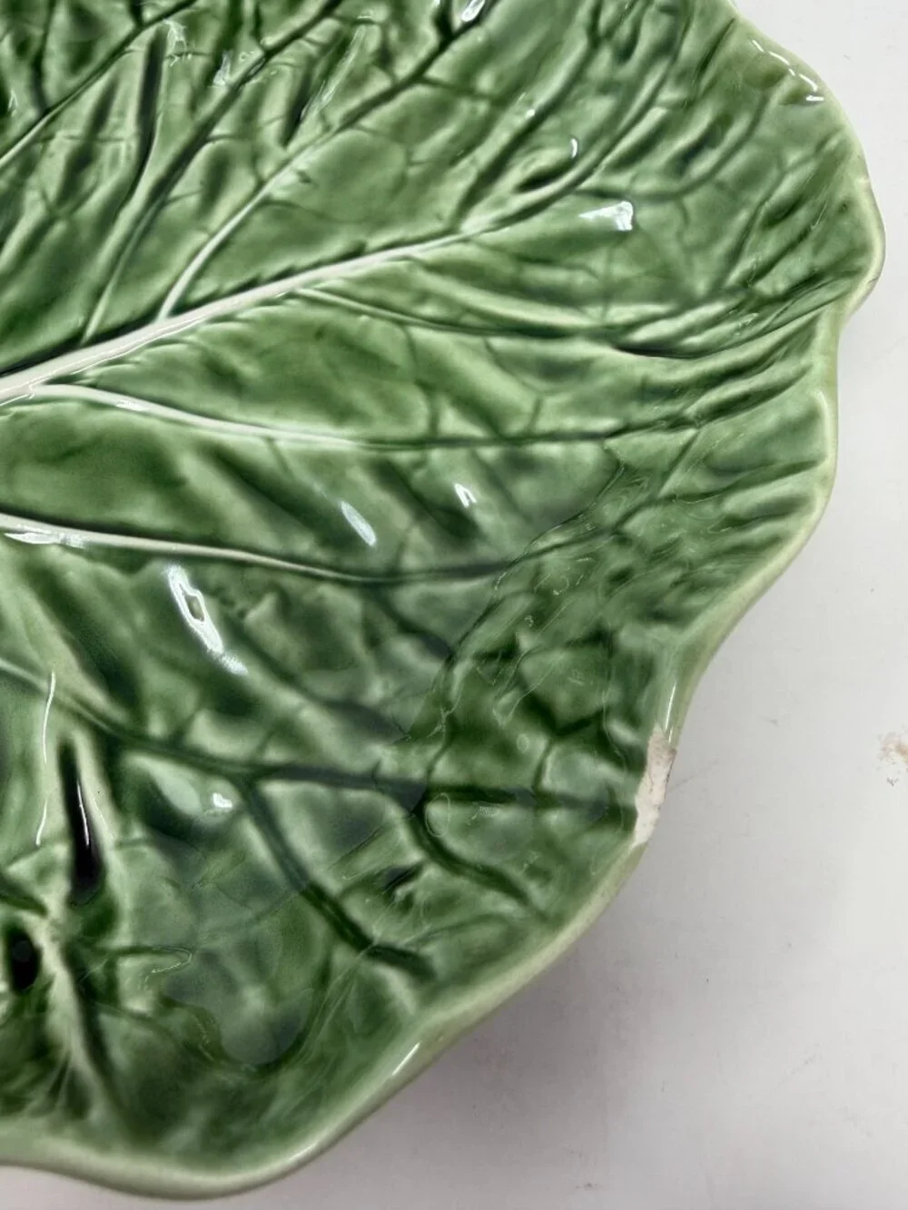 Bordallo Pinheiro cabbage leaf dish chips and dip Portugal green majolica